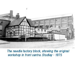 The needle factory block, showing the original workshop in front centre. Studley - 1975 